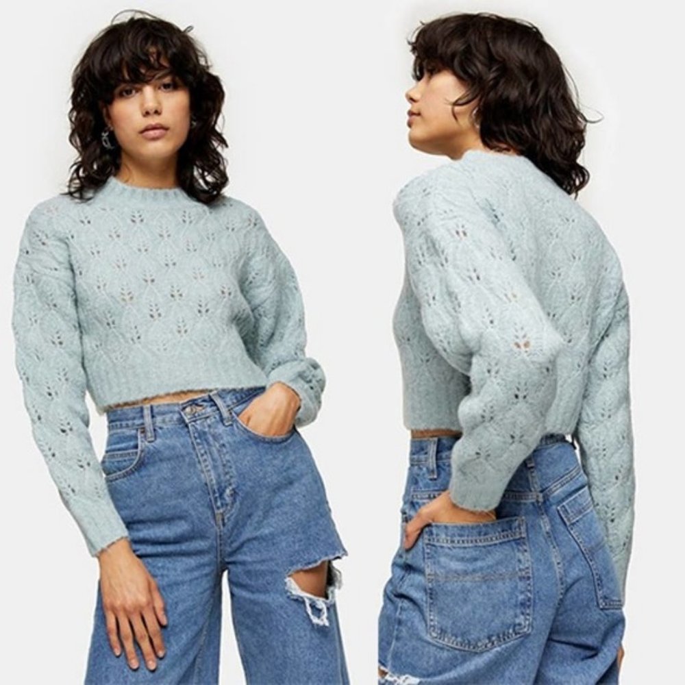 Topshop Blue Stitch Cropped Knitted Women's Pullover Sweater Size: Medium NWOT - Picture 1 of 6
